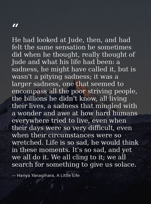 He had looked at Jude, then, and had felt the same sensation he sometimes did when he thought, really thought of Jude an — Hanya Yanagihara, A Little Life
