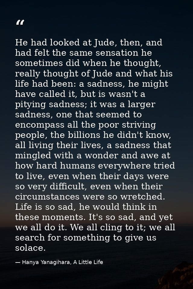 He had looked at Jude, then, and had felt the same sensation he sometimes did when he thought, really thought of Jude an — Hanya Yanagihara, A Little Life