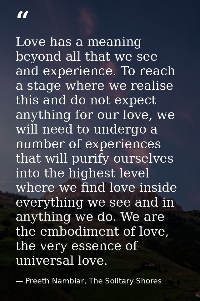 Love has a meaning beyond all that we see and experience. To reach a stage where we realise this and do not expect anyth — Preeth Nambiar, The Solitary Shores