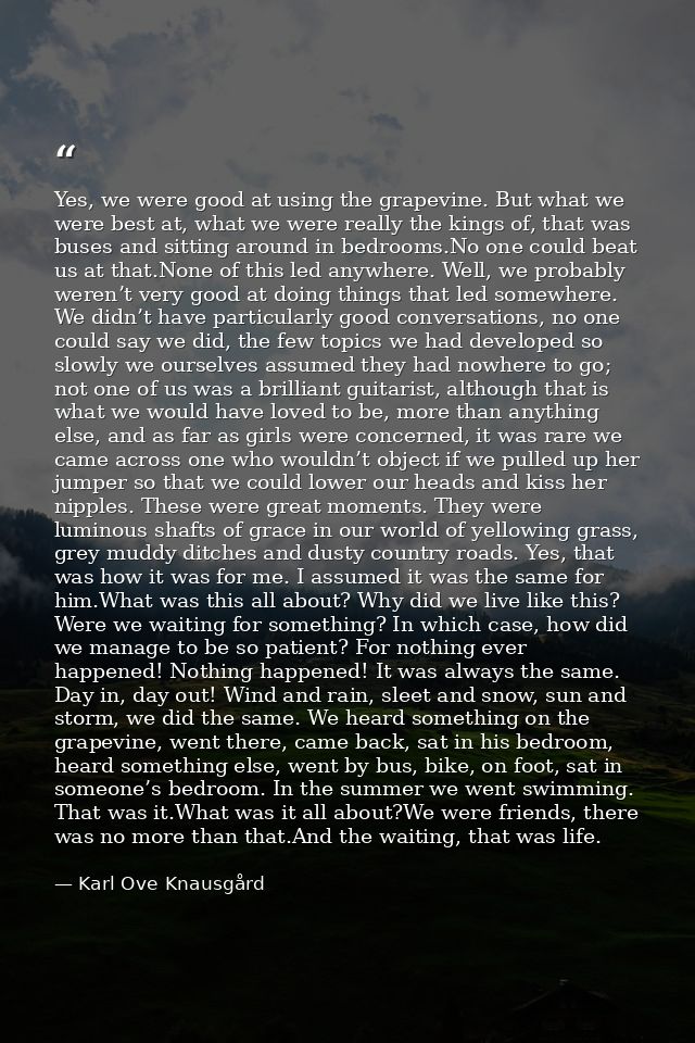Yes, we were good at using the grapevine. But what we were best at, what we were really the kings of, that was buses and — Karl Ove Knausgård