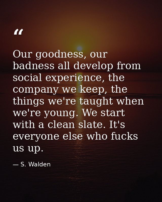 Our goodness, our badness all develop from social experience, the company we keep, the things we're taught when we're yo — S. Walden