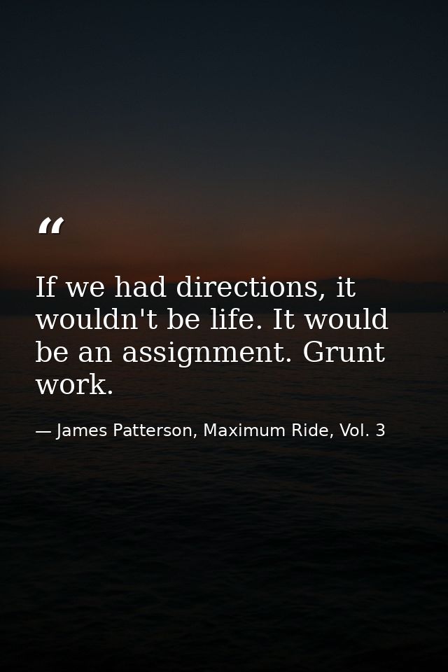 If we had directions, it wouldn't be life. It would be an assignment. Grunt work. — James Patterson, Maximum Ride, Vol. 3