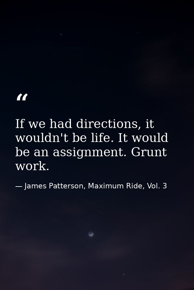 If we had directions, it wouldn't be life. It would be an assignment. Grunt work. — James Patterson, Maximum Ride, Vol. 3