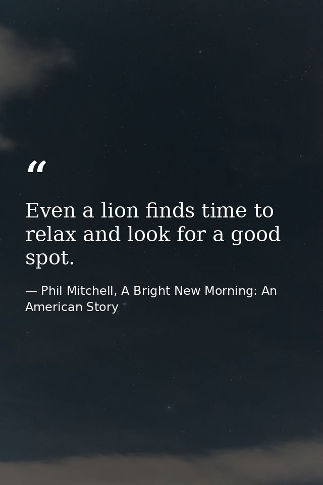 Even a lion finds time to relax and look for a good spot. — Phil Mitchell, A Bright New Morning: An American Story