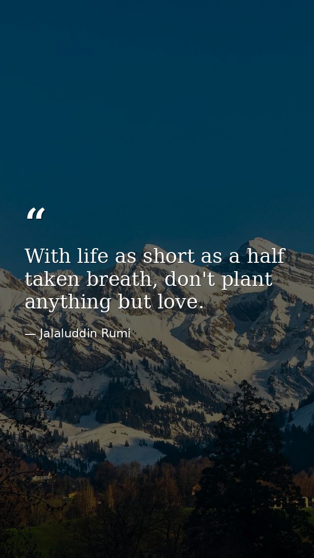 With life as short as a half taken breath, don't plant anything but love. — Jalaluddin Rumi