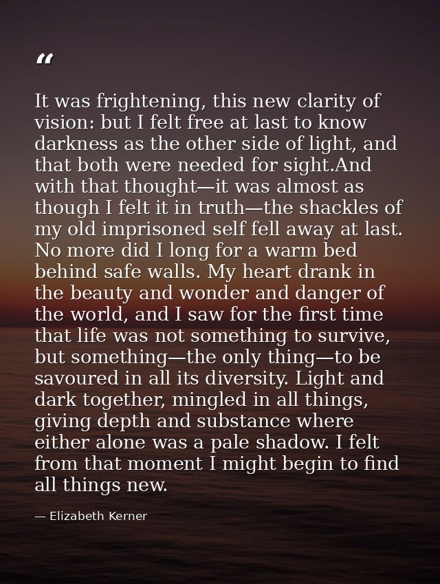 It was frightening, this new clarity of vision: but I felt free at last to know darkness as the other side of light, and — Elizabeth Kerner