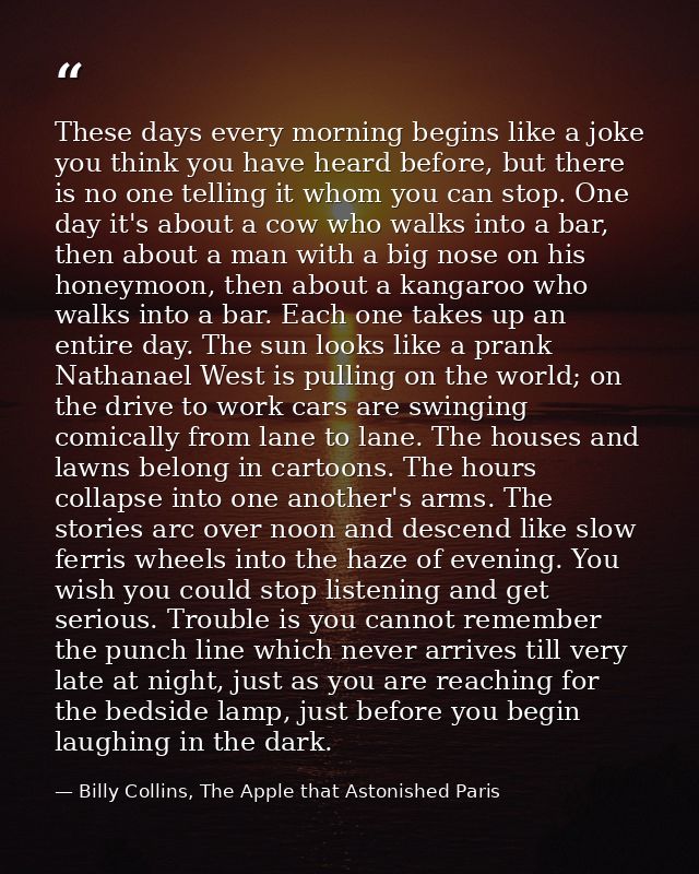 These days every morning begins like a joke you think you have heard before, but there is no one telling it whom you can — Billy Collins, The Apple that Astonished Paris