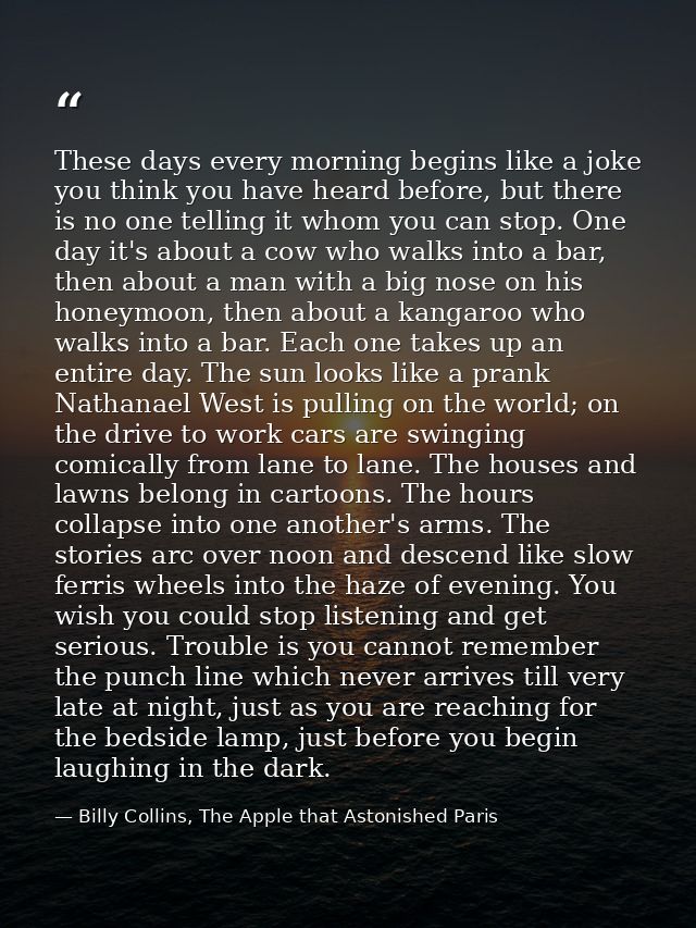 These days every morning begins like a joke you think you have heard before, but there is no one telling it whom you can — Billy Collins, The Apple that Astonished Paris