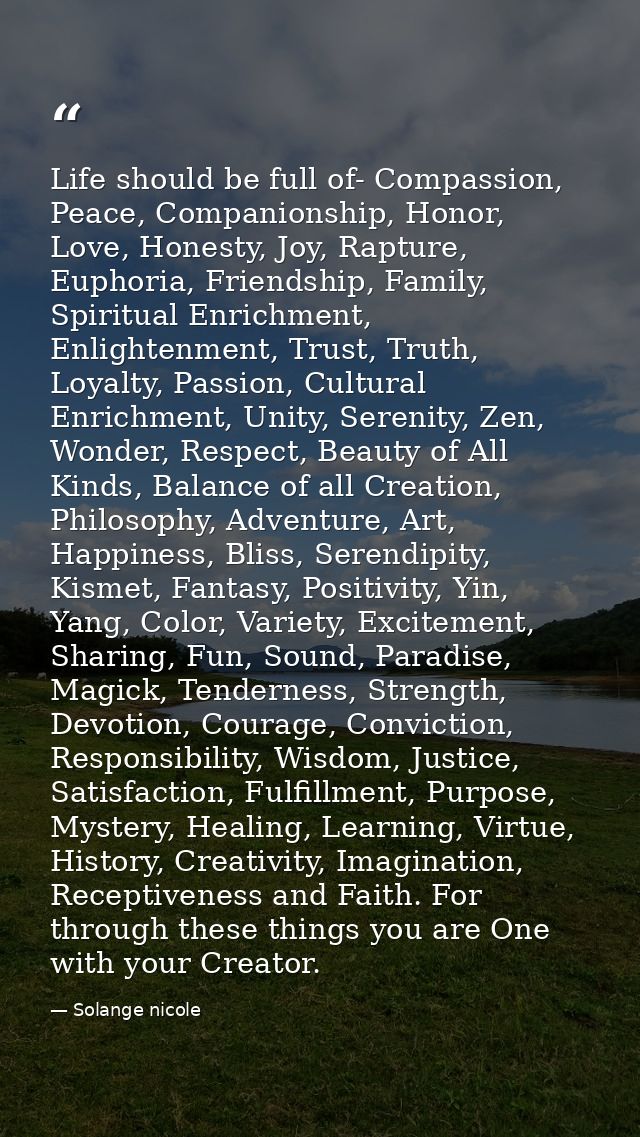 Life should be full of- Compassion, Peace, Companionship, Honor, Love, Honesty, Joy, Rapture, Euphoria, Friendship, Fami — Solange nicole