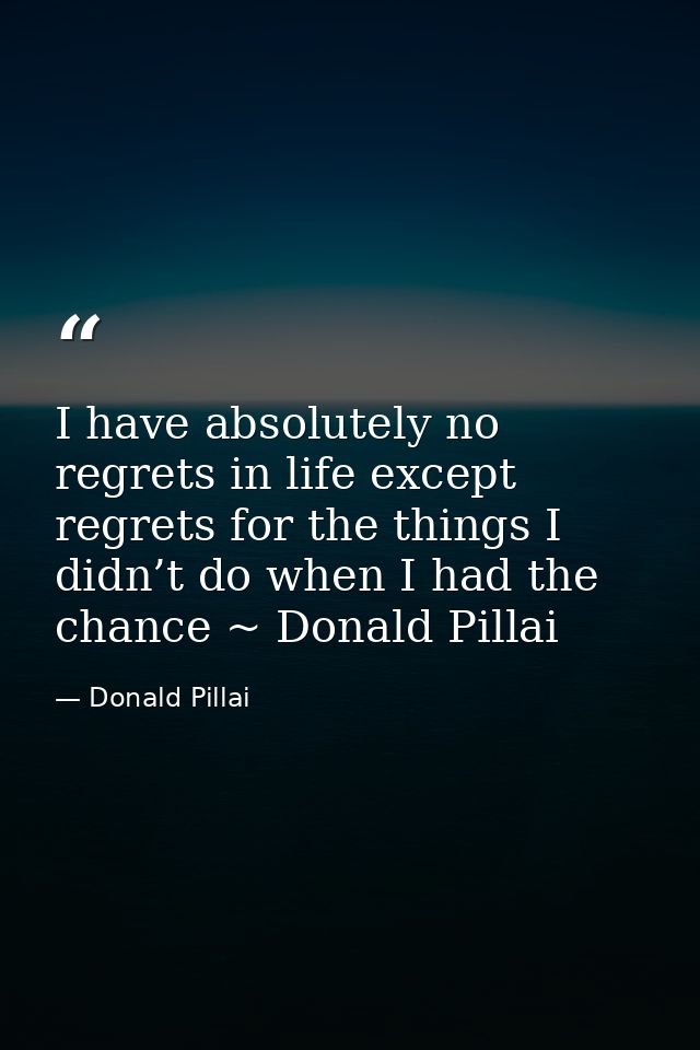 I have absolutely no regrets in life except regrets for the things I didn’t do when I had the chance ~ Donald Pillai — Donald Pillai