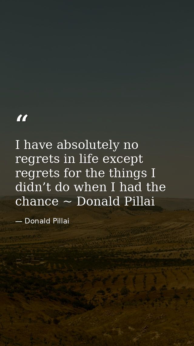 I have absolutely no regrets in life except regrets for the things I didn’t do when I had the chance ~ Donald Pillai — Donald Pillai