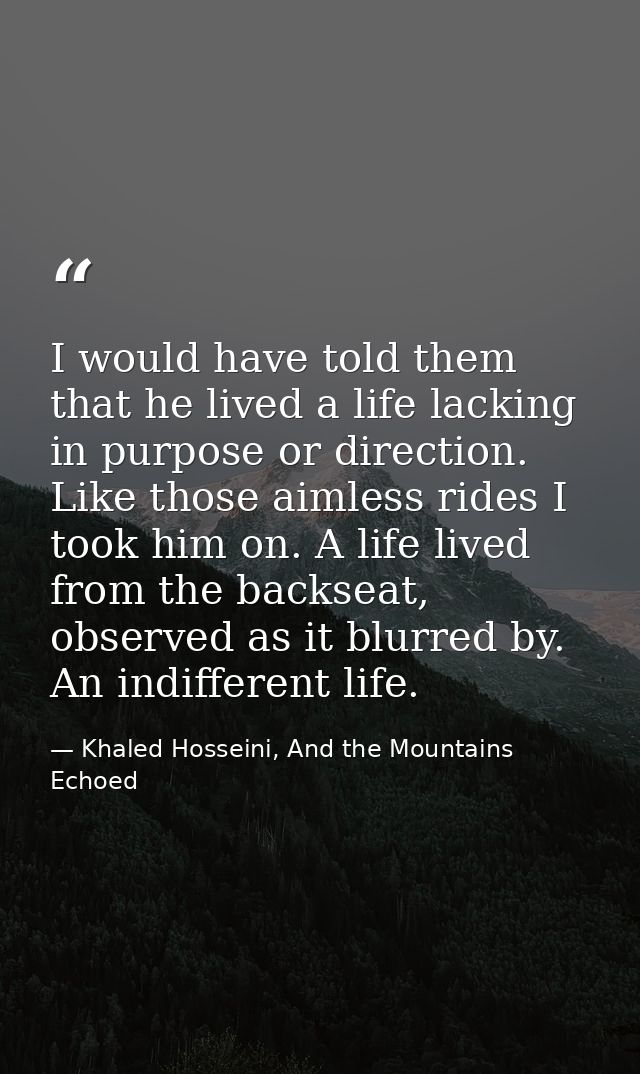 I would have told them that he lived a life lacking in purpose or direction. Like those aimless rides I took him on. A l — Khaled Hosseini, And the Mountains Echoed