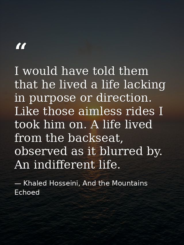 I would have told them that he lived a life lacking in purpose or direction. Like those aimless rides I took him on. A l — Khaled Hosseini, And the Mountains Echoed