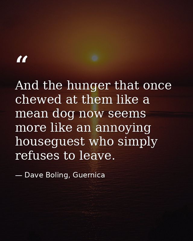 And the hunger that once chewed at them like a mean dog now seems more like an annoying houseguest who simply refuses to — Dave Boling, Guernica