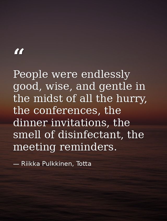 People were endlessly good, wise, and gentle in the midst of all the hurry, the conferences, the dinner invitations, the — Riikka Pulkkinen, Totta
