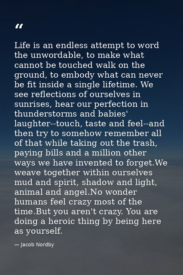 Life is an endless attempt to word the unwordable, to make what cannot be touched walk on the ground, to embody what can — Jacob Nordby