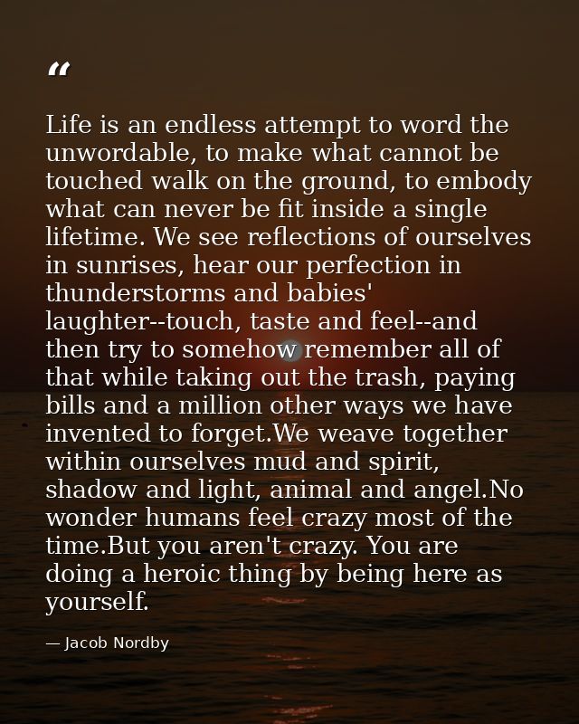 Life is an endless attempt to word the unwordable, to make what cannot be touched walk on the ground, to embody what can — Jacob Nordby