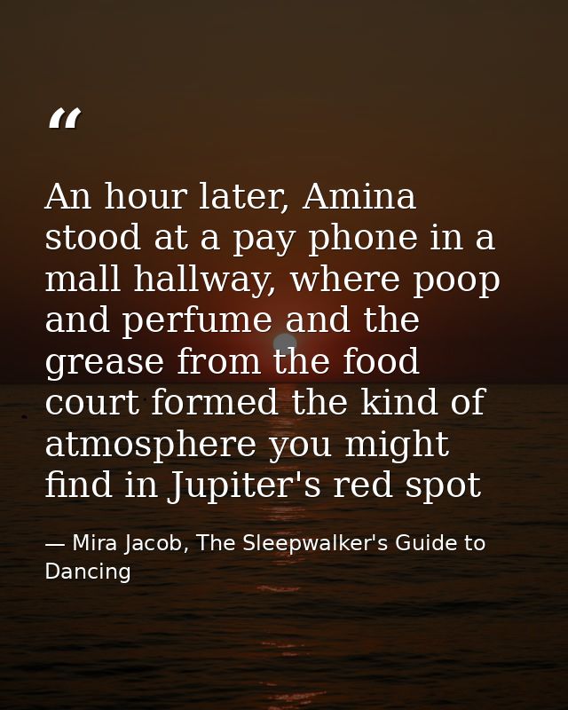 An hour later, Amina stood at a pay phone in a mall hallway, where poop and perfume and the grease from the food court f — Mira Jacob, The Sleepwalker's Guide to Dancing