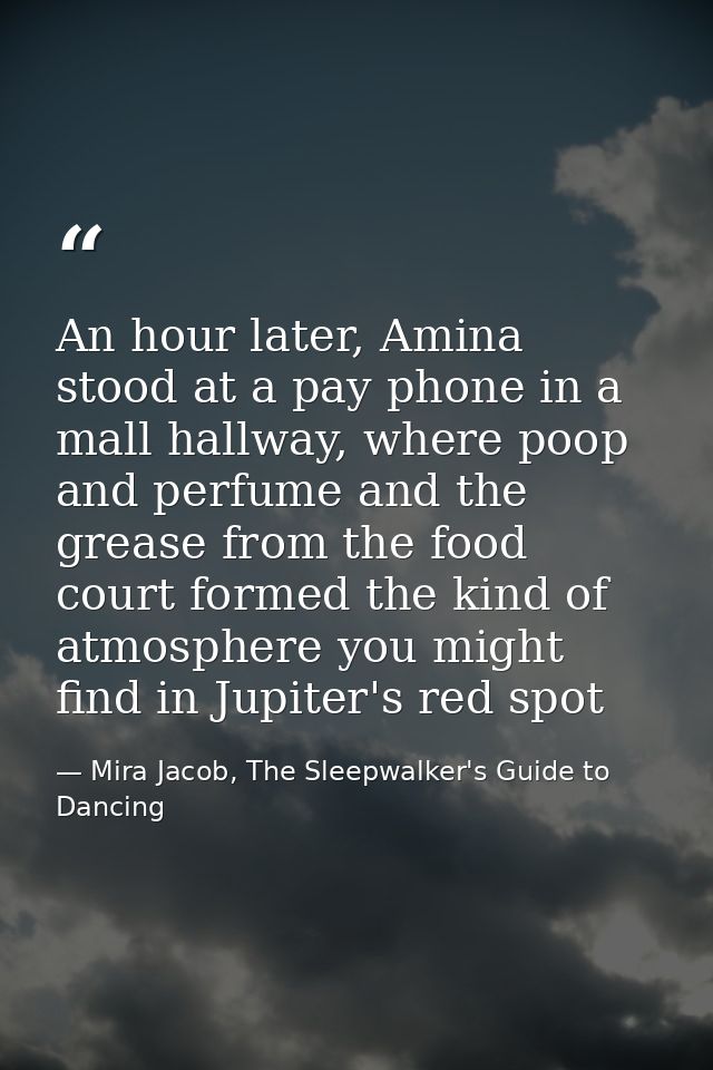 An hour later, Amina stood at a pay phone in a mall hallway, where poop and perfume and the grease from the food court f — Mira Jacob, The Sleepwalker's Guide to Dancing