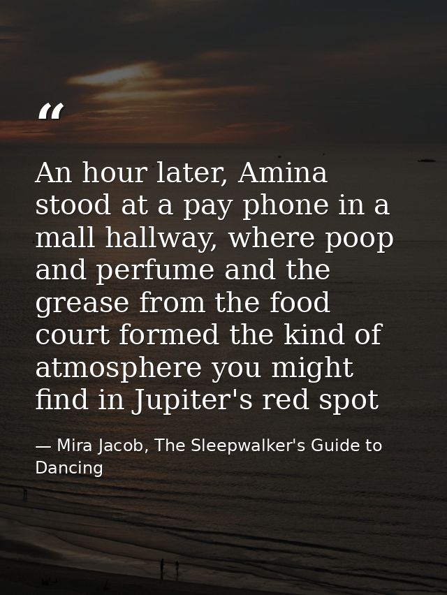 An hour later, Amina stood at a pay phone in a mall hallway, where poop and perfume and the grease from the food court f — Mira Jacob, The Sleepwalker's Guide to Dancing