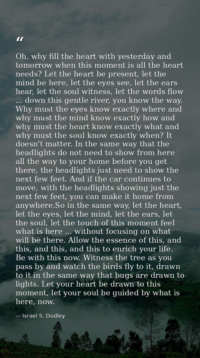 Oh, why fill the heart with yesterday and tomorrow when this moment is all the heart needs? Let the heart be present, le — Israel S. Dudley
