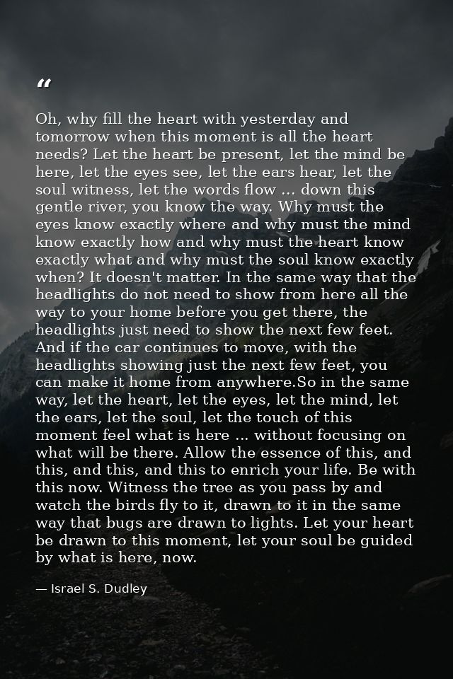 Oh, why fill the heart with yesterday and tomorrow when this moment is all the heart needs? Let the heart be present, le — Israel S. Dudley