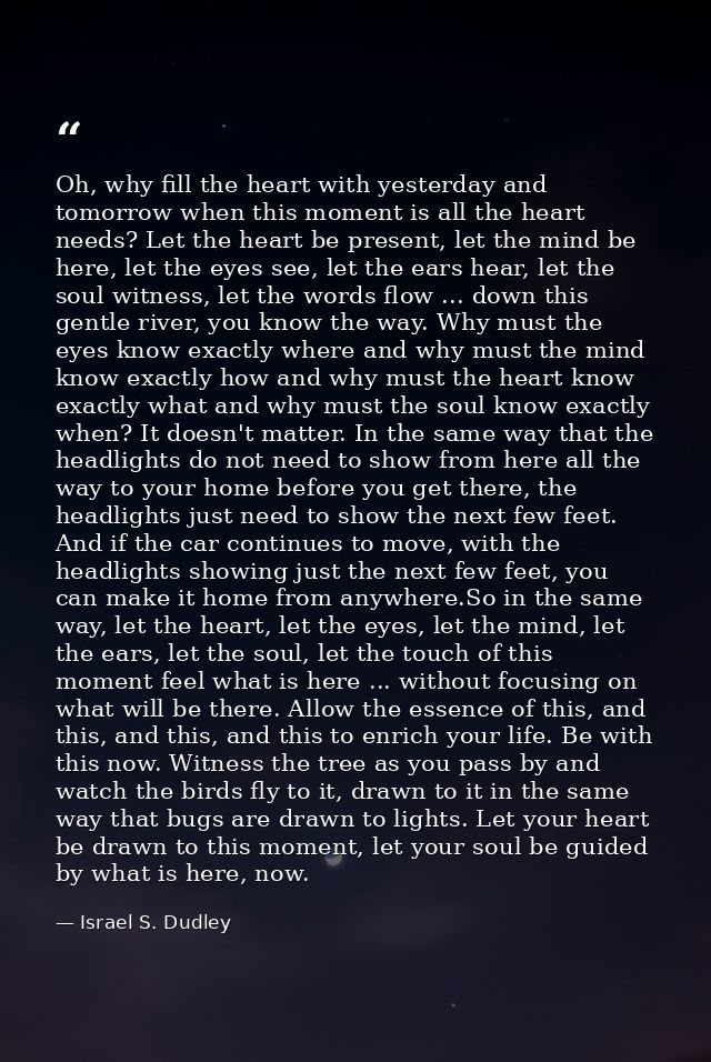 Oh, why fill the heart with yesterday and tomorrow when this moment is all the heart needs? Let the heart be present, le — Israel S. Dudley