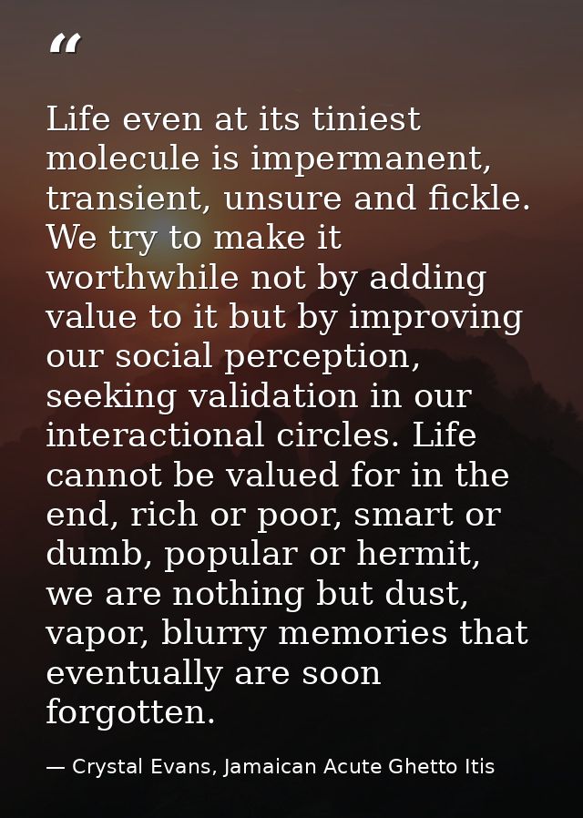 Life even at its tiniest molecule is impermanent, transient, unsure and fickle. We try to make it worthwhile not by addi — Crystal Evans, Jamaican Acute Ghetto Itis