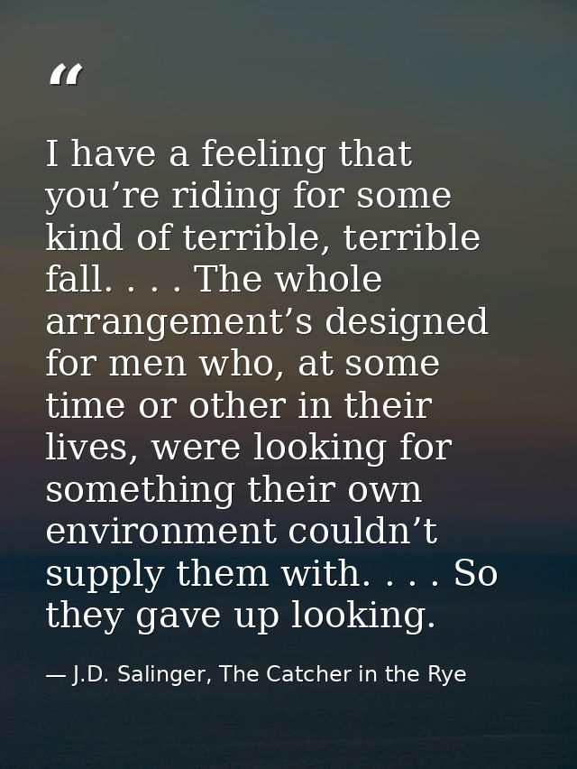 I have a feeling that you’re riding for some kind of terrible, terrible fall. . . . The whole arrangement’s designed for — J.D. Salinger, The Catcher in the Rye