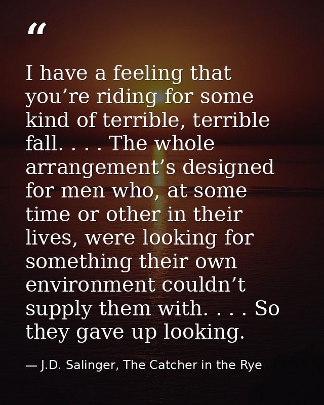 I have a feeling that you’re riding for some kind of terrible, terrible fall. . . . The whole arrangement’s designed for — J.D. Salinger, The Catcher in the Rye
