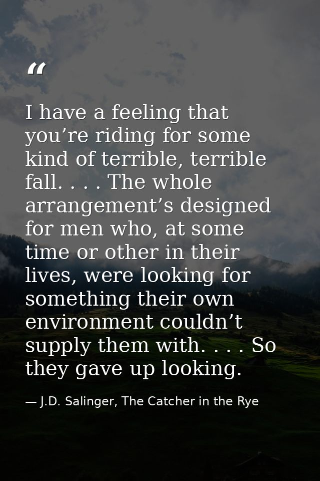 I have a feeling that you’re riding for some kind of terrible, terrible fall. . . . The whole arrangement’s designed for — J.D. Salinger, The Catcher in the Rye
