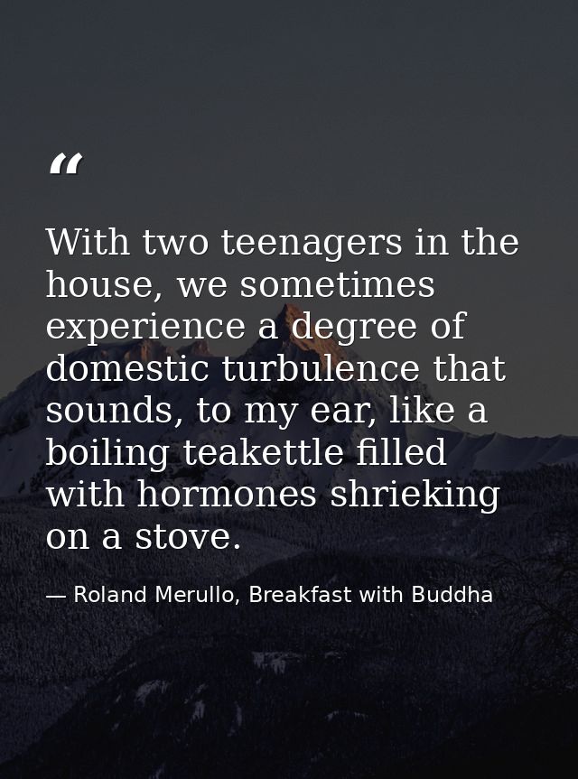 With two teenagers in the house, we sometimes experience a degree of domestic turbulence that sounds, to my ear, like a  — Roland Merullo, Breakfast with Buddha