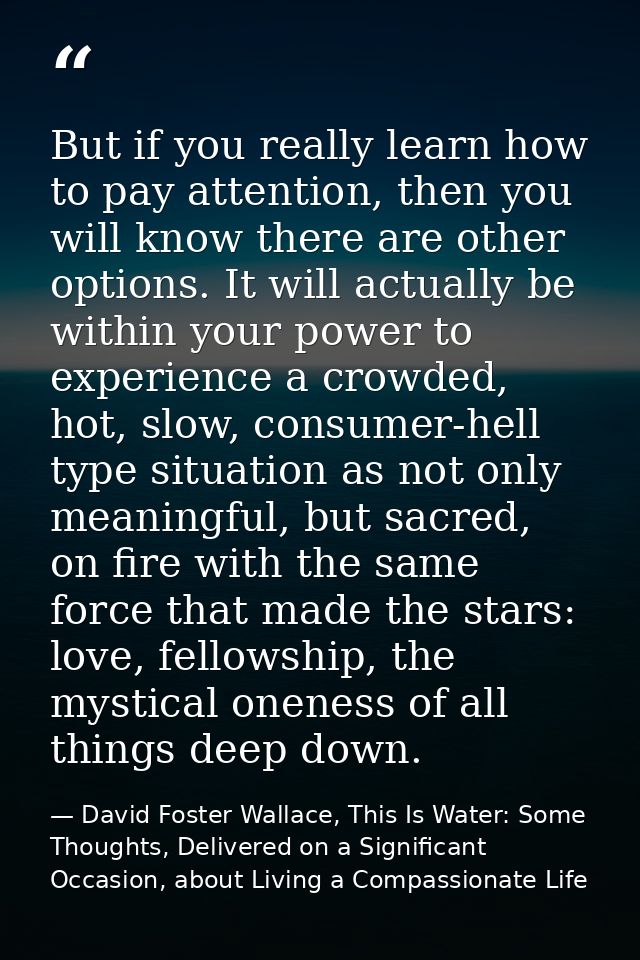 But if you really learn how to pay attention, then you will know there are other options. It will actually be within you — David Foster Wallace, This Is Water: Some Thoughts, Delivered on a Significant Occasion, about Living a Compassionate Life