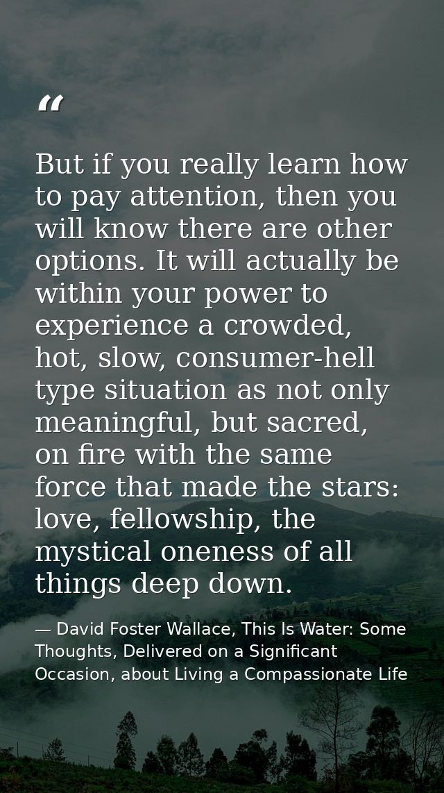 But if you really learn how to pay attention, then you will know there are other options. It will actually be within you — David Foster Wallace, This Is Water: Some Thoughts, Delivered on a Significant Occasion, about Living a Compassionate Life