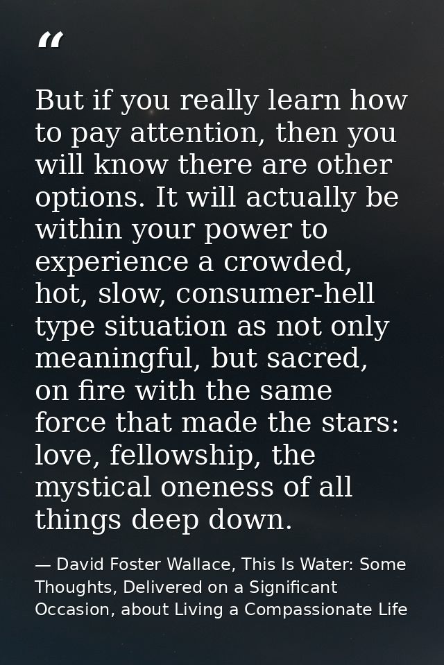 But if you really learn how to pay attention, then you will know there are other options. It will actually be within you — David Foster Wallace, This Is Water: Some Thoughts, Delivered on a Significant Occasion, about Living a Compassionate Life