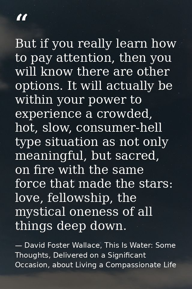 But if you really learn how to pay attention, then you will know there are other options. It will actually be within you — David Foster Wallace, This Is Water: Some Thoughts, Delivered on a Significant Occasion, about Living a Compassionate Life