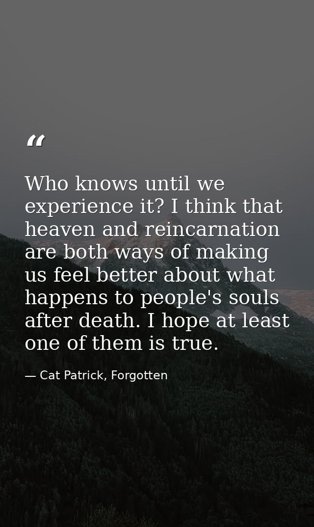 Who knows until we experience it? I think that heaven and reincarnation are both ways of making us feel better about wha — Cat Patrick, Forgotten