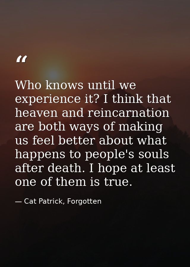 Who knows until we experience it? I think that heaven and reincarnation are both ways of making us feel better about wha — Cat Patrick, Forgotten