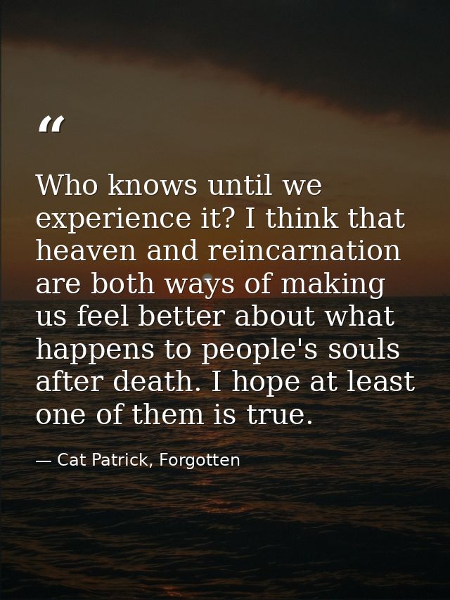 Who knows until we experience it? I think that heaven and reincarnation are both ways of making us feel better about wha — Cat Patrick, Forgotten