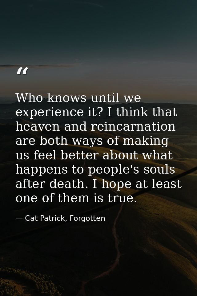 Who knows until we experience it? I think that heaven and reincarnation are both ways of making us feel better about wha — Cat Patrick, Forgotten