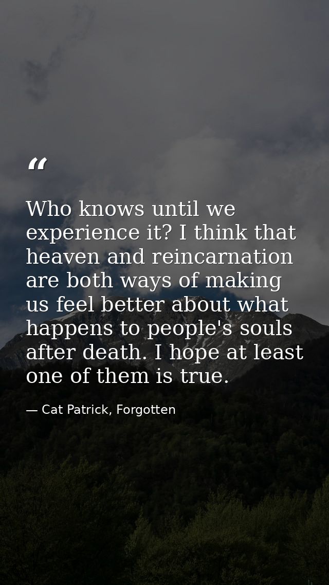 Who knows until we experience it? I think that heaven and reincarnation are both ways of making us feel better about wha — Cat Patrick, Forgotten
