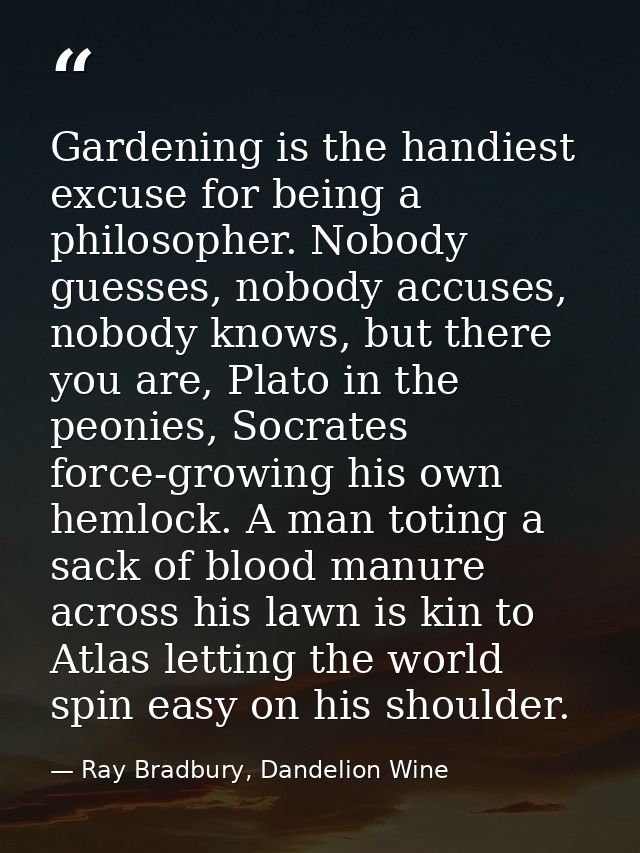 Gardening is the handiest excuse for being a philosopher. Nobody guesses, nobody accuses, nobody knows, but there you ar — Ray Bradbury, Dandelion Wine