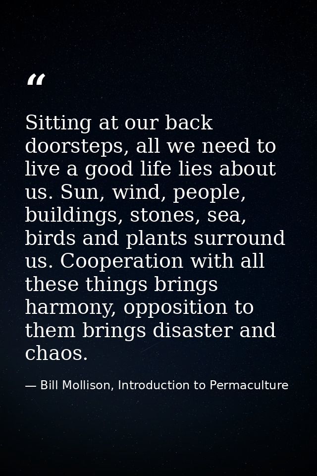 Sitting at our back doorsteps, all we need to live a good life lies about us. Sun, wind, people, buildings, stones, sea, — Bill Mollison, Introduction to Permaculture