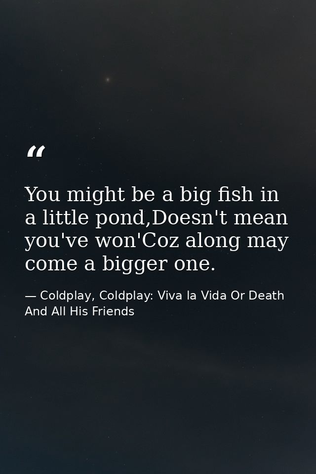 You might be a big fish in a little pond,Doesn't mean you've won'Coz along may come a bigger one. — Coldplay, Coldplay: Viva la Vida Or Death And All His Friends