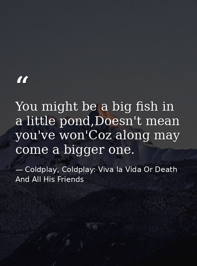 You might be a big fish in a little pond,Doesn't mean you've won'Coz along may come a bigger one. — Coldplay, Coldplay: Viva la Vida Or Death And All His Friends