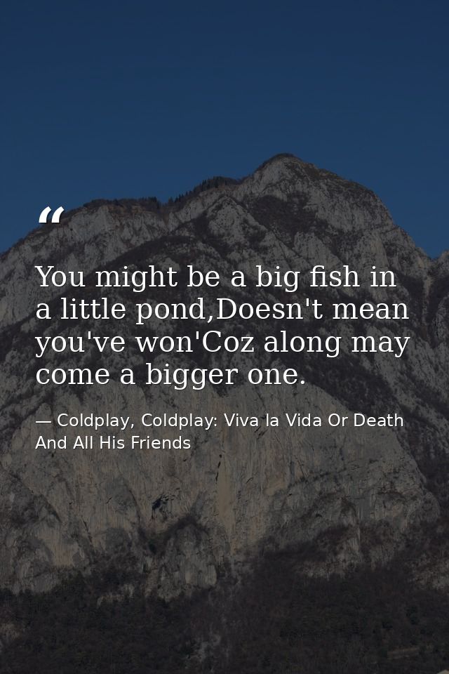You might be a big fish in a little pond,Doesn't mean you've won'Coz along may come a bigger one. — Coldplay, Coldplay: Viva la Vida Or Death And All His Friends