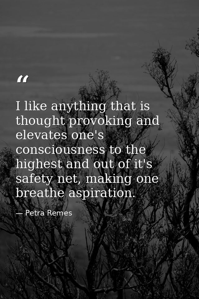 I like anything that is thought provoking and elevates one's consciousness to the highest and out of it's safety net, ma — Petra Remes