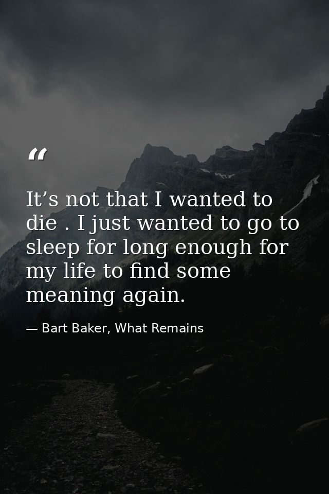 It’s not that I wanted to die . I just wanted to go to sleep for long enough for my life to find some meaning again. — Bart Baker, What Remains