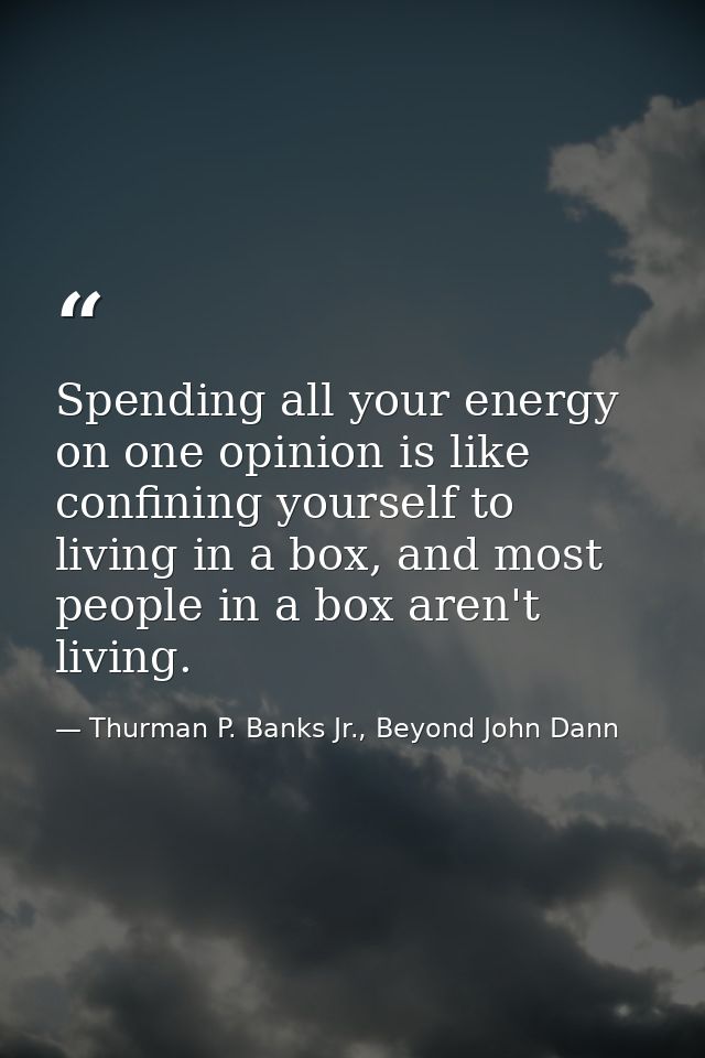 Spending all your energy on one opinion is like confining yourself to living in a box, and most people in a box aren't l — Thurman P. Banks Jr., Beyond John Dann