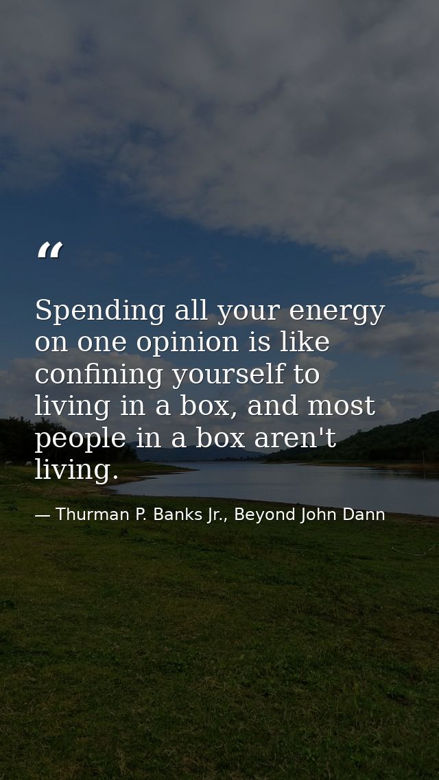 Spending all your energy on one opinion is like confining yourself to living in a box, and most people in a box aren't l — Thurman P. Banks Jr., Beyond John Dann